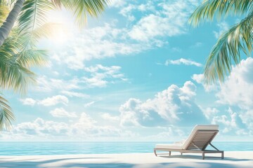 Aufkleber - Relaxing on a tropical beach with sun loungers and palm trees under a bright blue sky and fluffy clouds. Generative AI