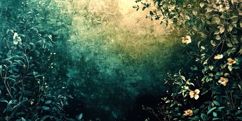 Poster - Green background with flowers and leaves