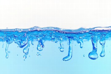Leinwandbilder - Dynamic water droplets create an enchanting display above a clear blue liquid surface. Generative AI