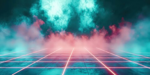 Poster - Blue and red background with a grid of red lines