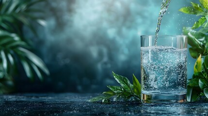 Poster - Close up of a modern minimalist water purifier pouring filtered clear liquid into a transparent glass highlighting the purity and health benefits of the water