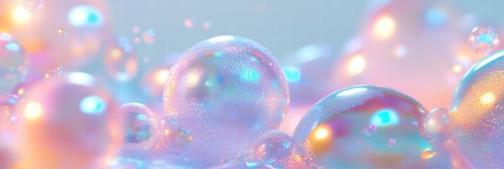 Fototapete - Colorful soap bubbles floating in soft light create a mesmerizing and enchanting atmosphere in a vibrant setting. Generative AI