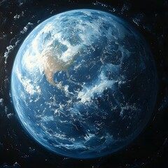 Poster - tranquil planet earth surrounded by flowing waters in minimalist abstract digital art depicting the 