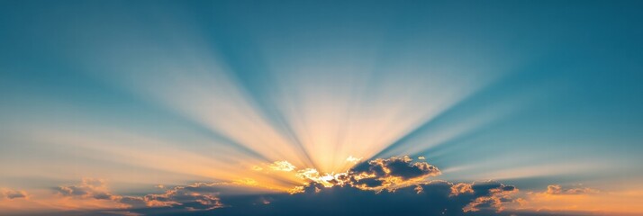Aufkleber - Golden rays of sunlight break through the clouds at sunset over a tranquil horizon creating a serene atmosphere. Generative AI
