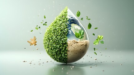 Poster - Balanced Infographic of Half Earth Half Water Drop Visualizing the Harmony and Balance Between Land and Water on Our Planet