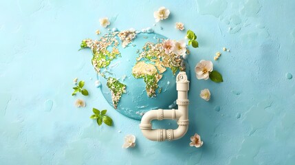 Poster - infographic design depicting a water pipeline formed into the shape of the earth symbolizing the glo