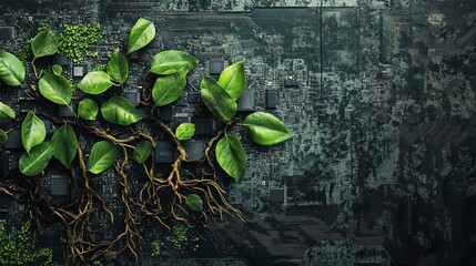 Poster - Green Technology Nature Inspired Digital Art Lush Leaves Roots Circuit Board Eco Friendly Sustainable Technology Growth Innovation Environmental      