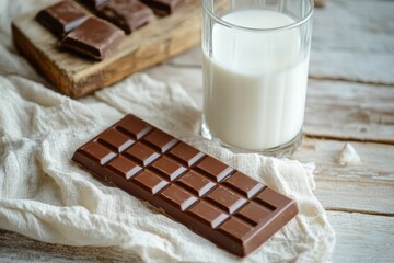 Aufkleber - Delicious chocolate bar and a glass of milk on a rustic wooden table during afternoon snack time. Generative AI