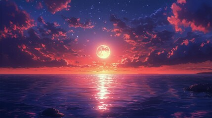 Wall Mural - vibrant sunset over ocean with a large moon reflecting on water