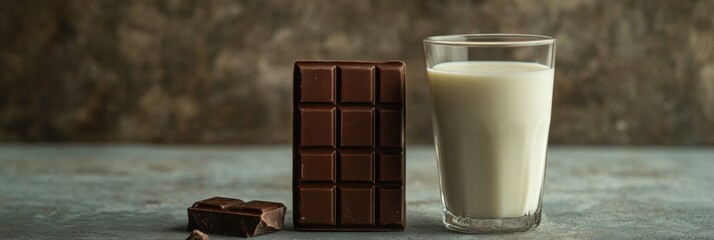 Aufkleber - Dark chocolate bar with a glass of milk on a rustic table setting reveals a classic pairing for dessert lovers. Generative AI