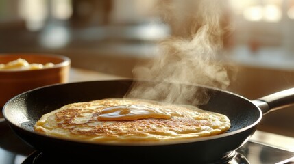 Aufkleber - Delicious pancakes cooking in skillet with melted butter on top in cozy kitchen at morning time. Generative AI