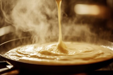 Aufkleber - Delicious creamy sauce bubbling in a frying pan on the stove as steam rises in the warm kitchen. Generative AI