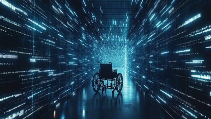 Poster - Silhouette of Wheelchair in Glowing Blue Digital Tunnel