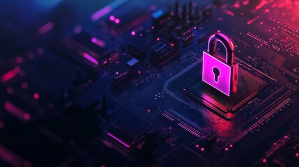 Poster - Cybersecurity Digital Lock Neon Pink Purple Technology Abstract Background Modern Circuit Board Secure Data Protection Network Safety Innovation      