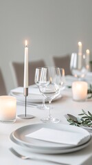 Poster - elegant table setting, white plates, minimalist cutlery, neutral tones, fine dining aesthetic, sophisticated simplicity, candlelight glow, soft reflections, modern elegance, stylish arrangement