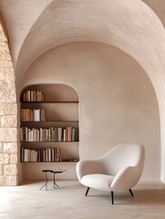 Poster - peaceful reading nook, cozy minimalism, soft lighting, neutral tones, stylish bookshelf, uncluttered design, modern elegance, comfortable ambiance, artistic simplicity, warm textures