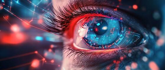 Poster - Close Up of a Human Eye with Glowing Blue and Red Digital Network Pattern