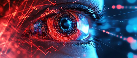 Poster - Close Up of a Human Eye with Red and Blue Digital Network Glowing Pattern