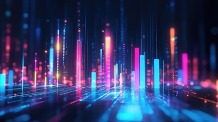 Fototapete - An artistic representation of a D bar chart with glowing bars and dynamic lighting effects, emphasizing the data visualization in a futuristic style.