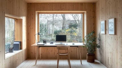 Poster - An inviting Nordic home office with a minimal desk, ergonomic chair, and natural materials, emphasizing functionality and a calm, uncluttered workspace.