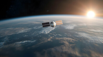 Wall Mural - satellite orbiting earth at sunrise, clouds below, space exploration