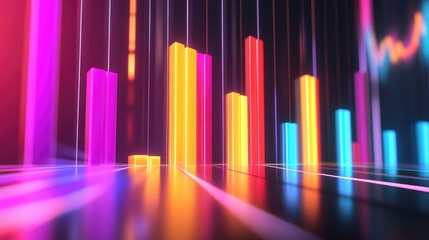 Fototapete - A high-resolution image of a D bar chart with vibrant, colored bars ascending against a sleek, modern background, showcasing data trends and comparisons.