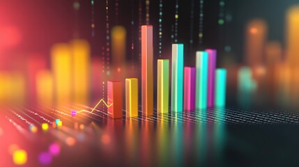 Fototapete - A high-resolution image of a D bar chart with vibrant, colored bars ascending against a sleek, modern background, showcasing data trends and comparisons.
