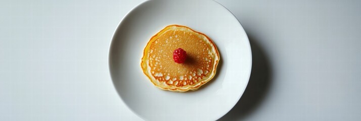 Poster - Delicate pancake topped with a single raspberry on a white plate in a minimalistic setting. Generative AI
