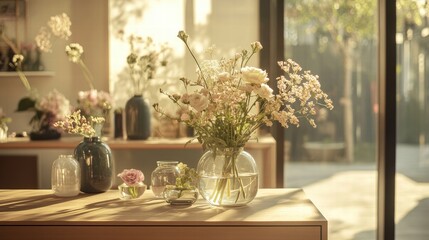 Poster - Beautiful floral arrangement displayed on a wooden table in a bright, sunlit interior during the afternoon. Generative AI