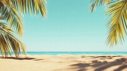 Fototapete - Relaxing beach view with palm trees and calm ocean in bright daylight. Generative AI