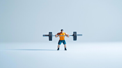 photo of a miniature toy of a big, muscular man in the gym lifting a barbell on a white background