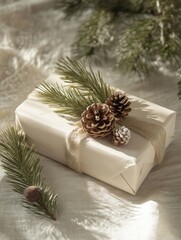 Aufkleber - Gift wrapped with natural decorations on a festive table setting, showcasing elegance and seasonal charm. Generative AI