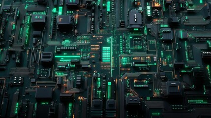 Poster - Abstract Futuristic Circuit Board Technology Background Green Orange Digital Art High Tech Electronic Design Innovation Modern Network Computer       