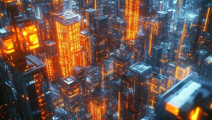 Poster - Glowing Futuristic Cityscape at Night: Digital Abstract Architecture