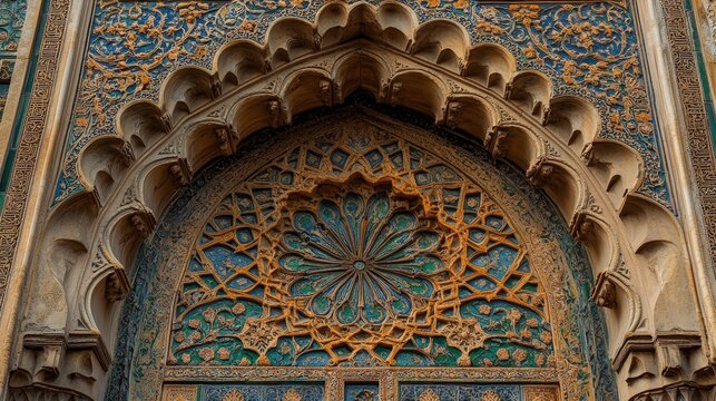 Intricate stone carvings in vibrant colors adorn the mosque, a symbol of Islamic architecture. This image captures the spirit of Ramadan Kareem.
