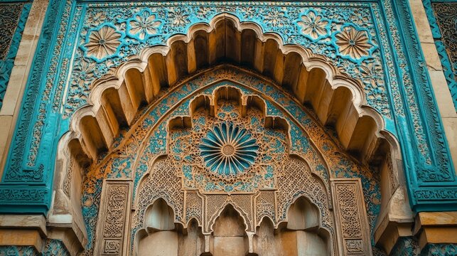 Intricate stone carvings in vibrant colors adorn the mosque, a symbol of Islamic architecture. This image captures the spirit of Ramadan Kareem.