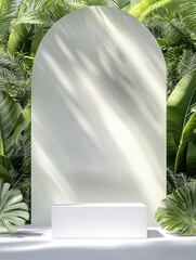 Aufkleber - Minimalist white arch wall surrounded by lush green foliage, creating serene atmosphere. Ideal for showcasing products or art