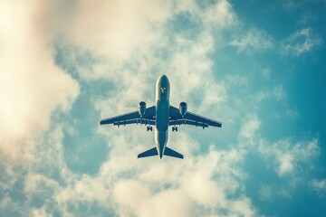 Leinwandbilder - Airplane flying through a blue sky filled with soft clouds on a clear day. Generative AI