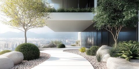 Poster - serene outdoor space featuring minimalist design with lush greenery, smooth pathways, and modern architecture, overlooking cityscape
