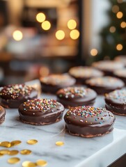 Aufkleber - Delightful chocolate cookies with colorful sprinkles displayed on a marble surface during festive season. Generative AI