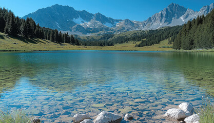 Poster - serene mountain lake with crystal clear water, surrounded by lush greenery and majestic peaks. tranquil scene invites relaxation and reflection