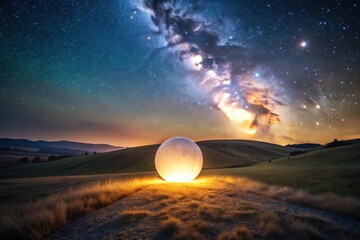 Wall Mural - Serene Night Scene Illuminated Orb in Rolling Hills Under a Starry Sky
