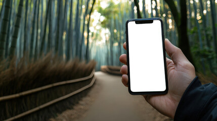 Wall Mural - A man with a phone in his hand walks through the Sagano bamboo forest in Japan. Phone mockup. A close-up of a modern stylish phone with an empty white screen for advertising a mobile app