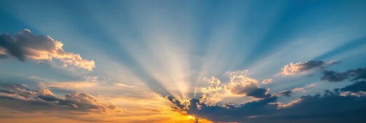 Fototapete - Vibrant sunset with colorful clouds and rays illuminating the sky over a serene landscape during early evening. Generative AI