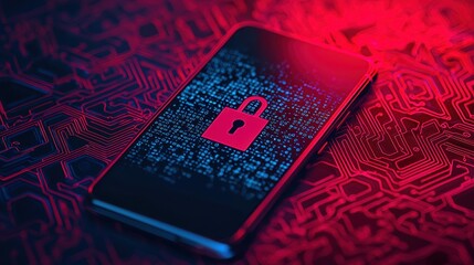 Poster - Secure Smartphone Design Featuring Lock Symbol on Circuit Board Background in Vibrant Red and Blue Colors