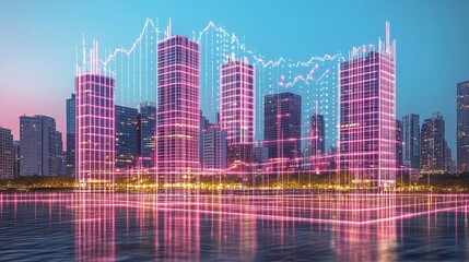 Poster - Futuristic urban financial analysis with stock market line on city skyline and water reflection at night illustration and business concept