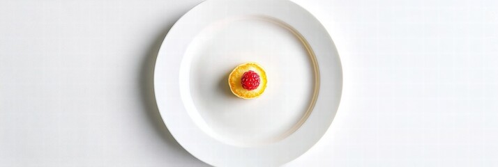 Poster - Delicate dessert with raspberry on a white plate in an elegant dining setting. Generative AI