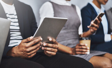 Poster - Line, hands and people with tablet, interview and review of resume for job opportunity or applicant. Waiting room, candidate and group with tech for research, corporate and preparing for recruitment