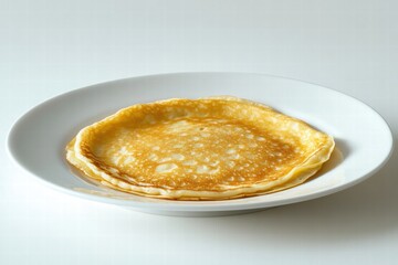 Poster - Delicious thin pancake served on a white plate showcasing a golden brown color with a smooth surface. Generative AI