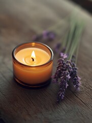 Poster - Lavender candle resting on wooden surface surrounded by fresh lavender flowers at twilight. Generative AI